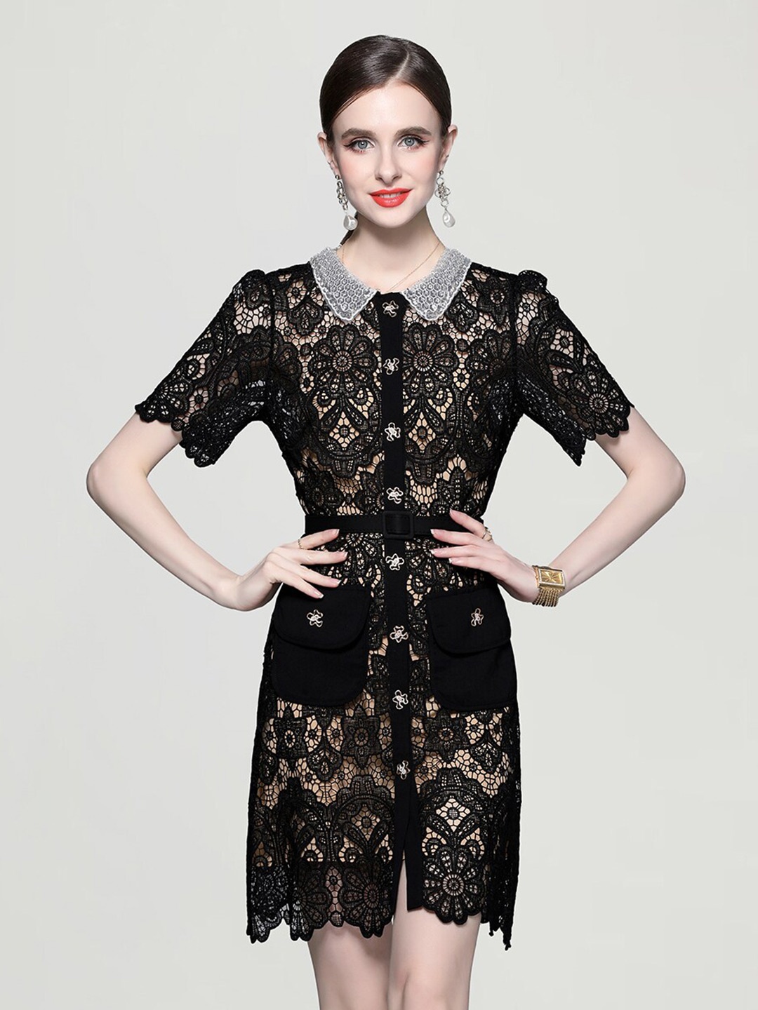 

JC Collection Self Design Shirt Collar Fit & Flare Dress, Black