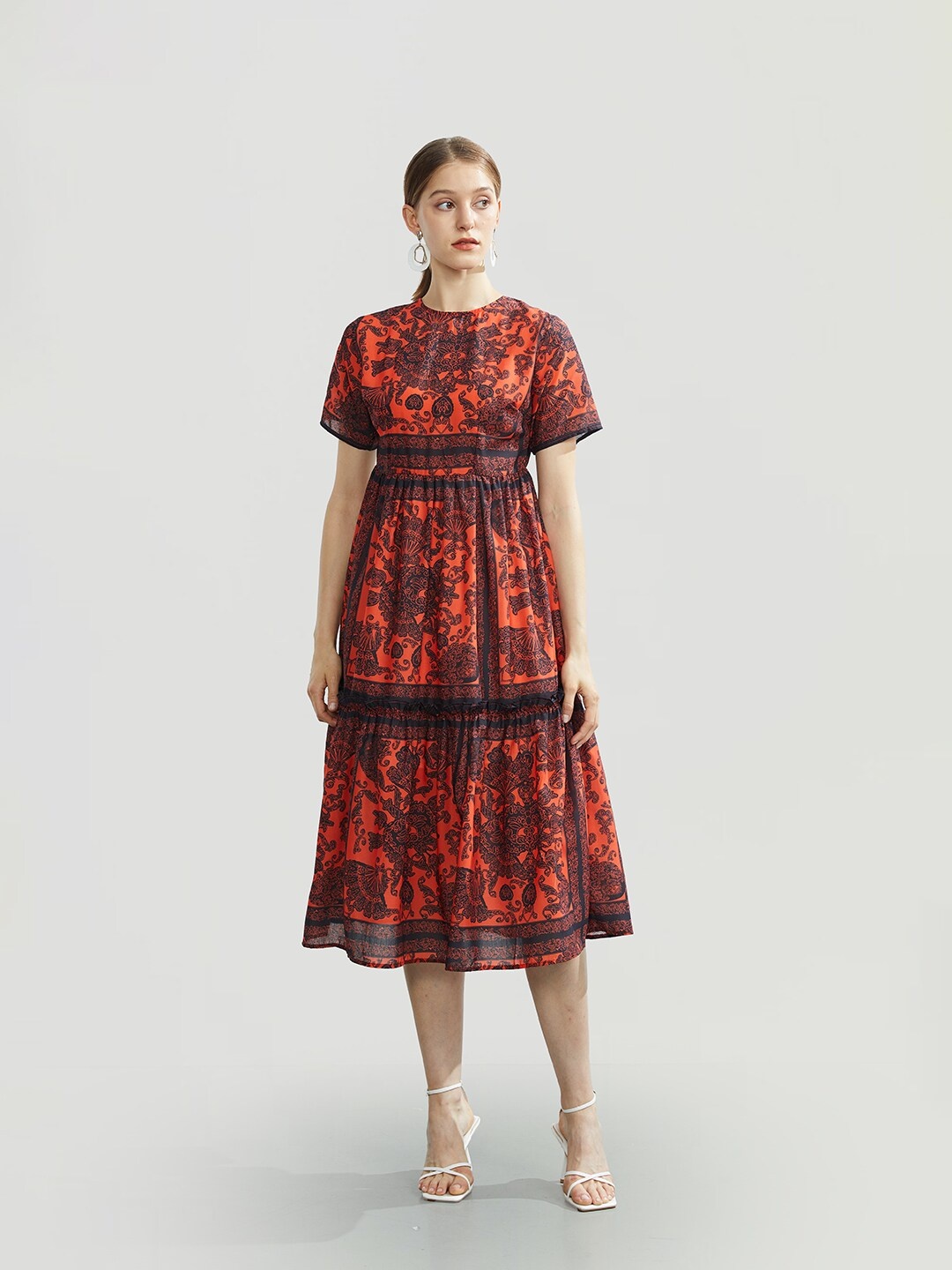 

JC Collection Ethnic Motifs Printed A-Line Midi Dress, Red