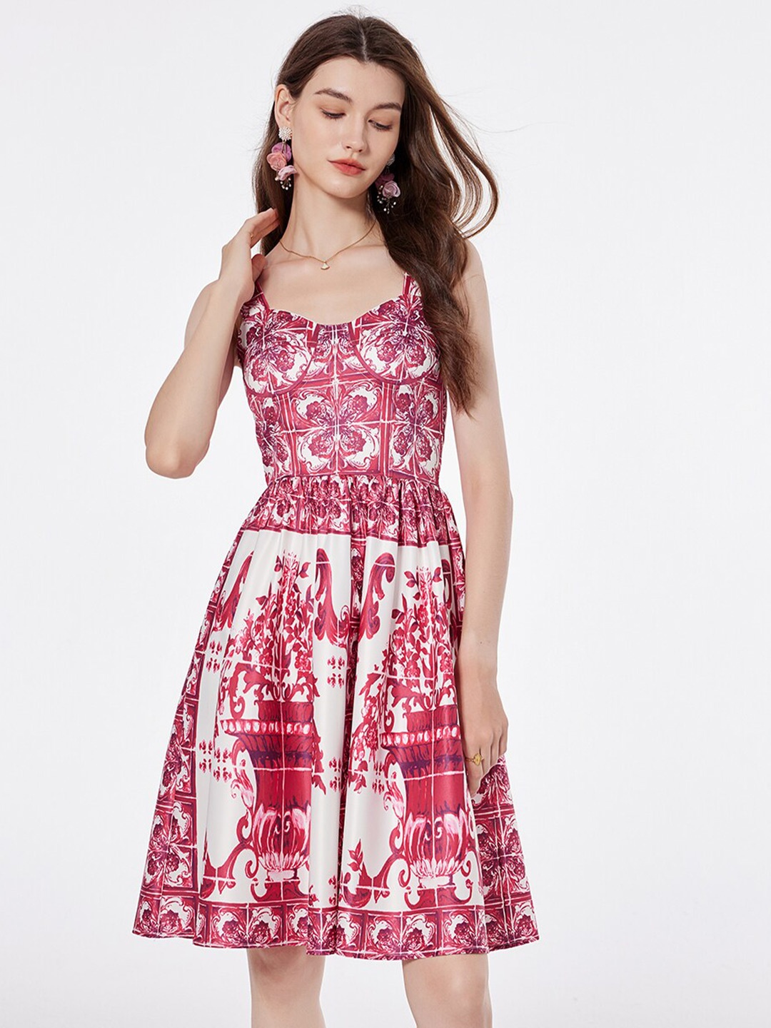 

JC Collection Ethnic Motifs Print Fit & Flare Dress, Red