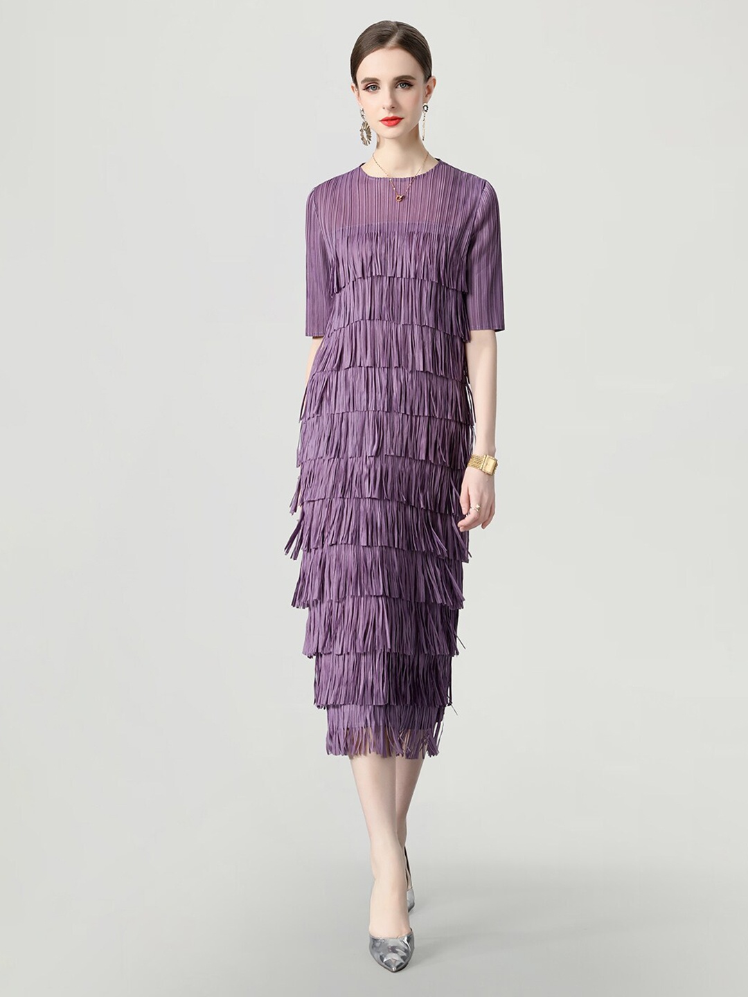 

JC Collection Self Design Fringed Sheath Midi Dress, Purple