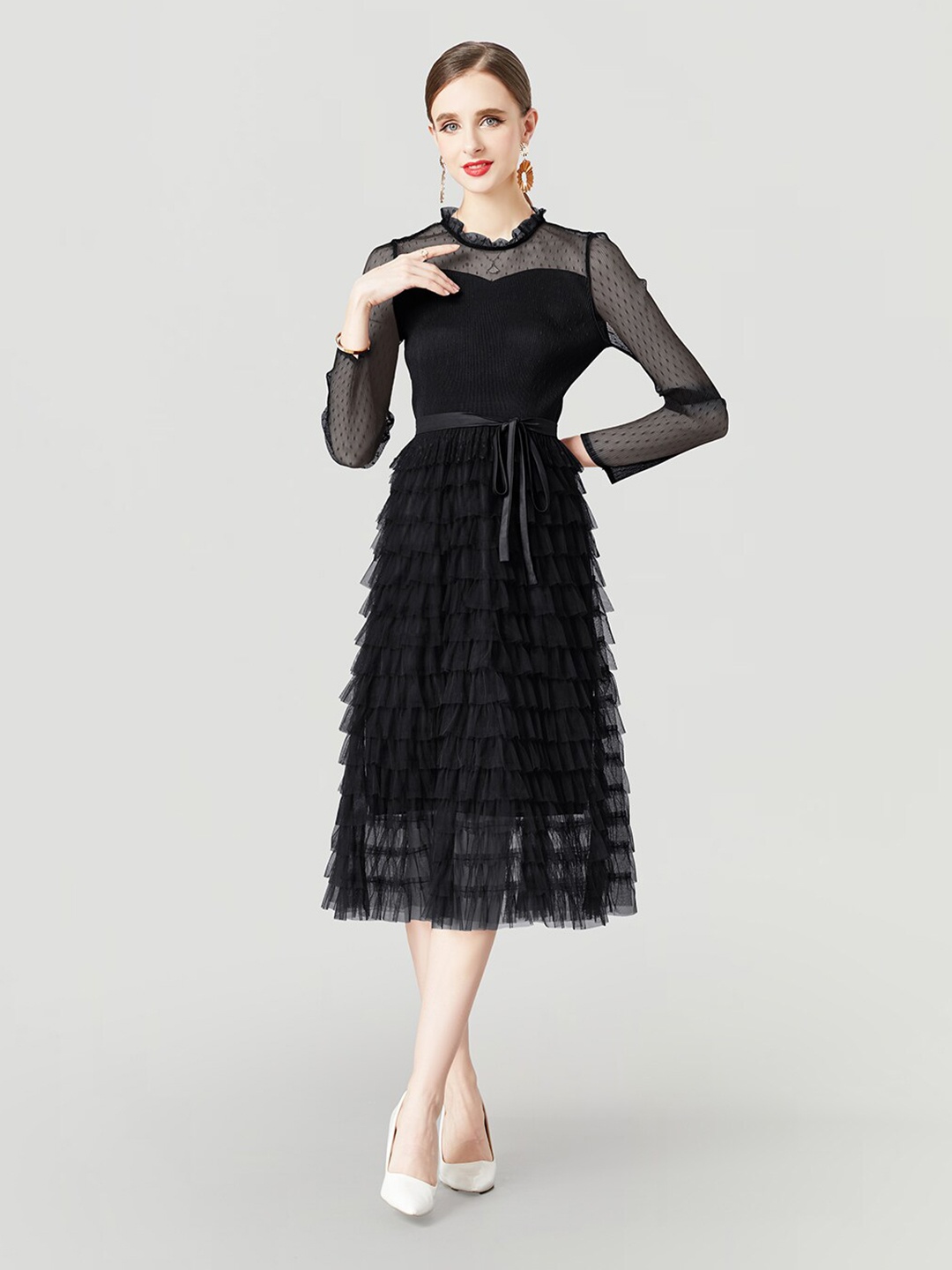 

JC Collection Self Design Layered Tie Up Fit & Flare Midi Dress, Black