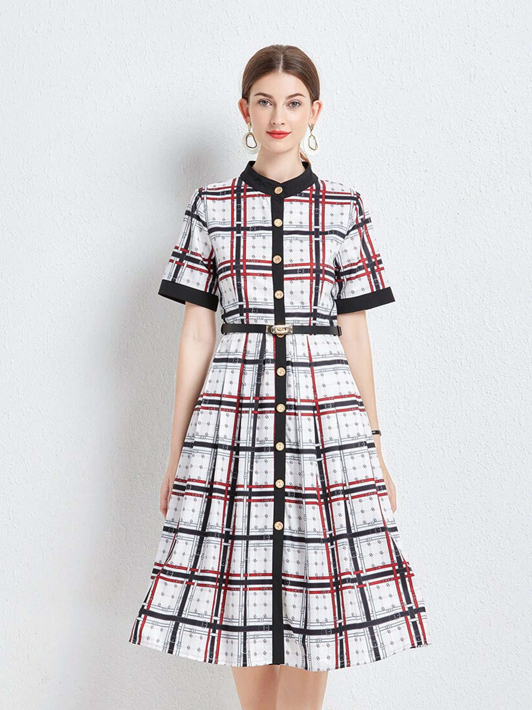 

JC Collection Checked Fit & Flare Midi Dress, White