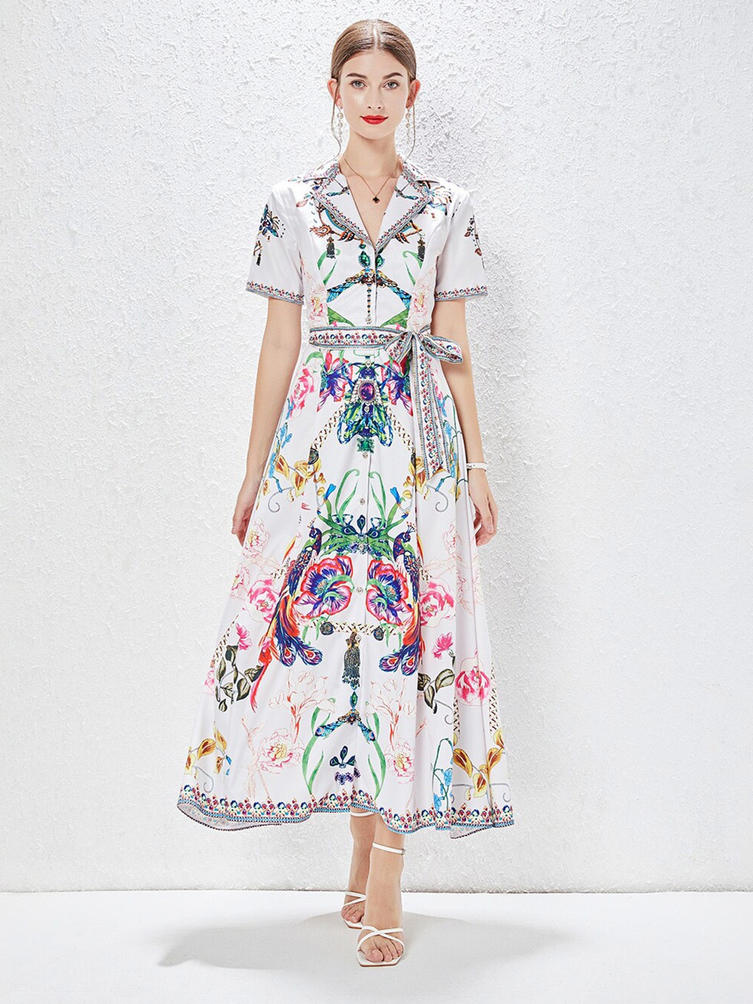

JC Collection Ethnic Motifs Printed Shirt Style Midi Dress With Belt, White