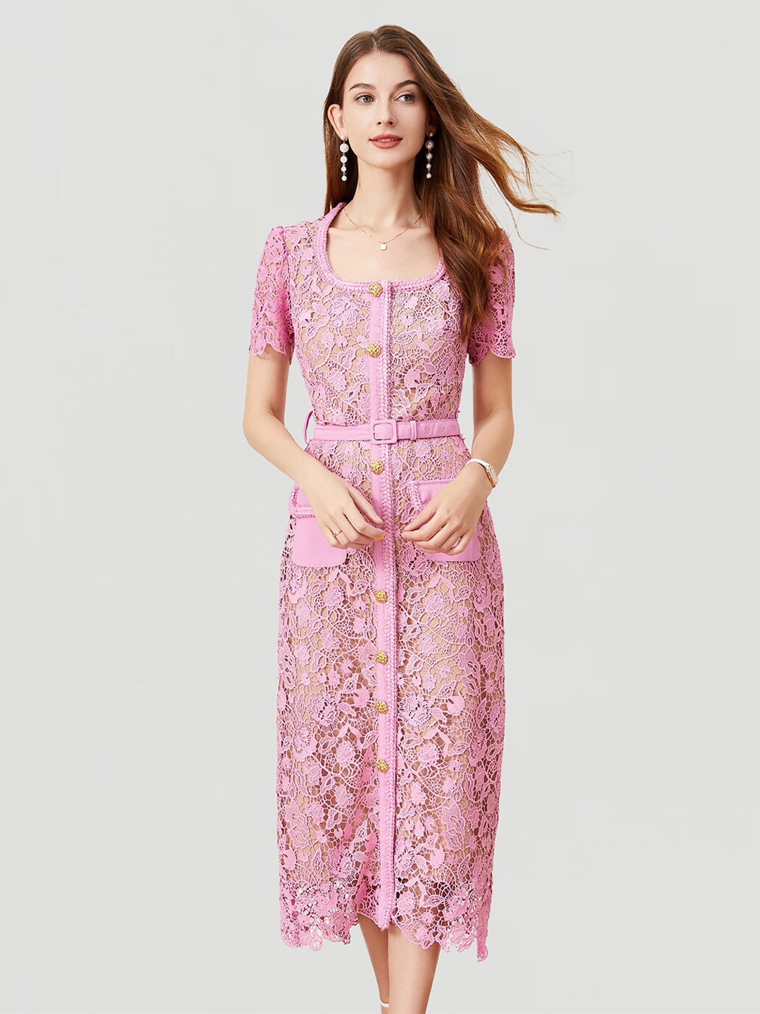 

JC Collection Lace Up A-Line Midi Dress, Pink