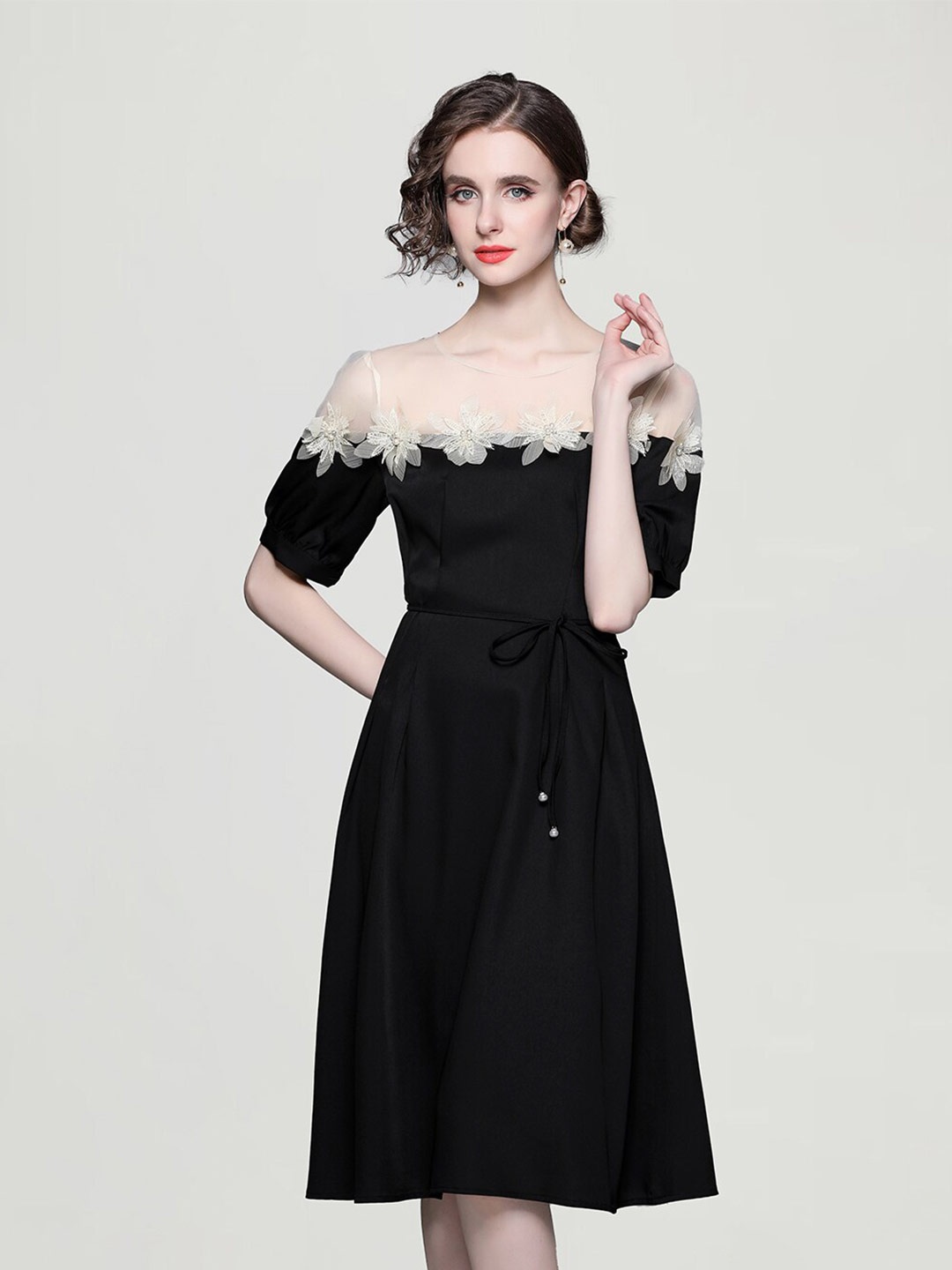 

JC Collection Puff Sleeves Corsage A-Line Dress, Black