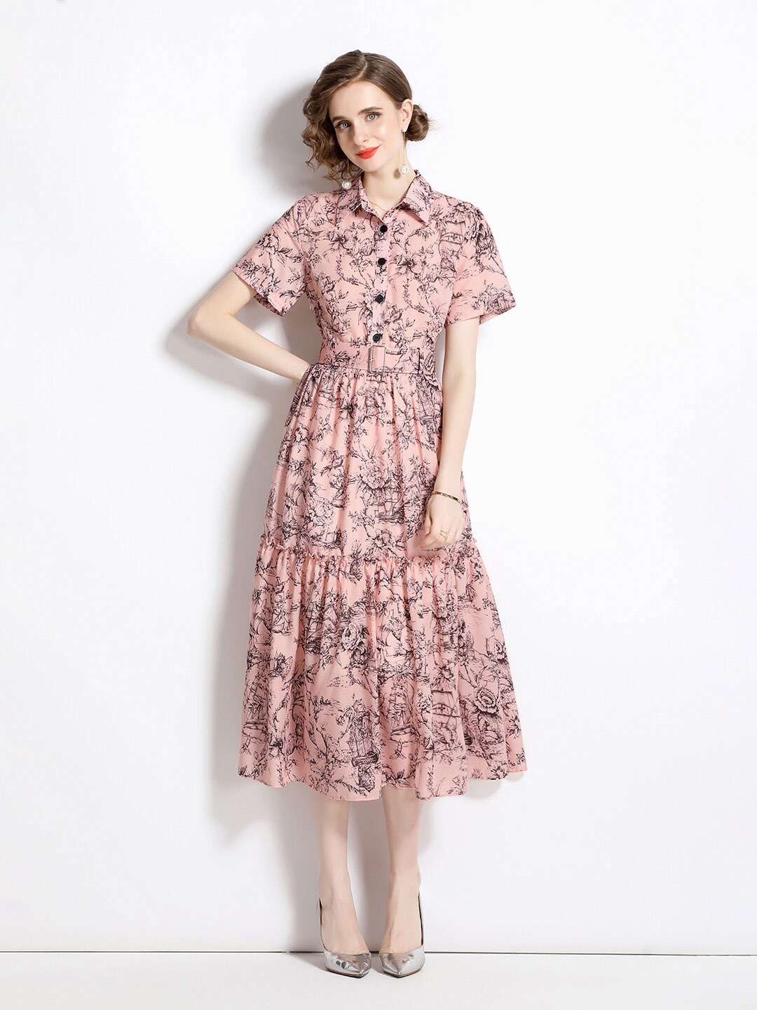 

JC Collection Floral Printed Shirt Collar Fit & Flare Midi Dress, Pink