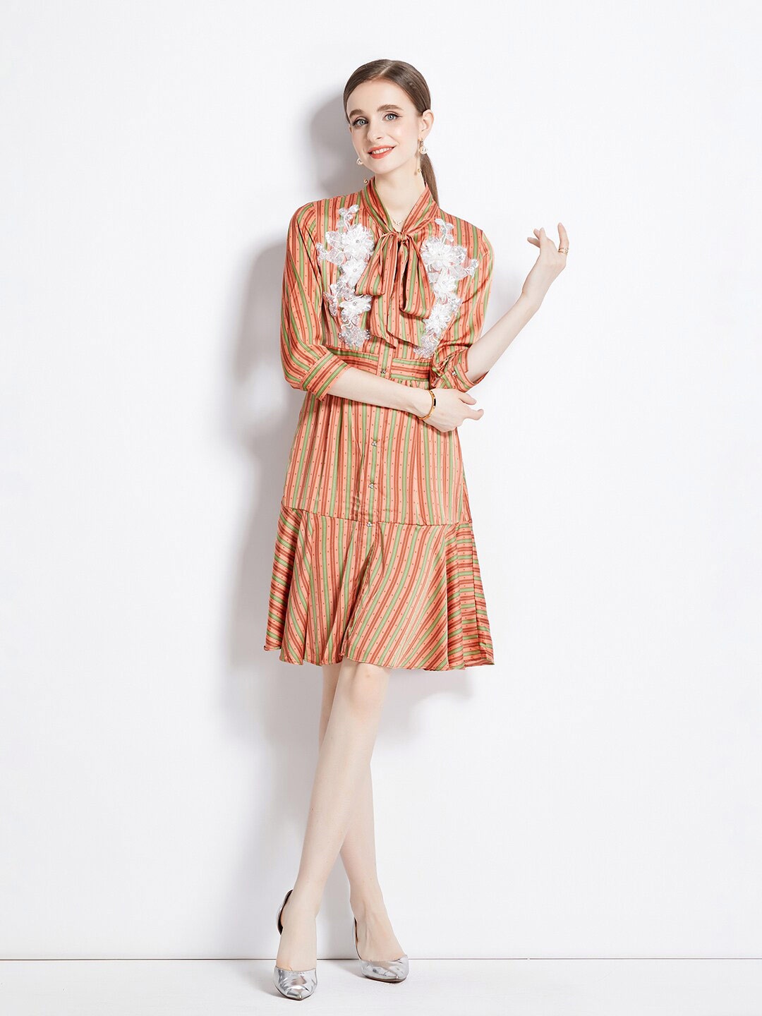 

JC Collection Striped Tie-Up Neck Cuffed Sleeves Lace Work & Tiered Fit & Flare Dress, Orange