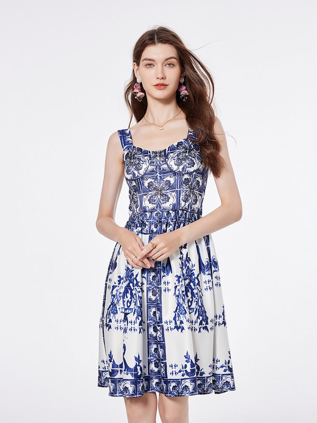 

JC Collection Floral Printed Round Neck Sleeveless Fit & Flare Dress, Blue