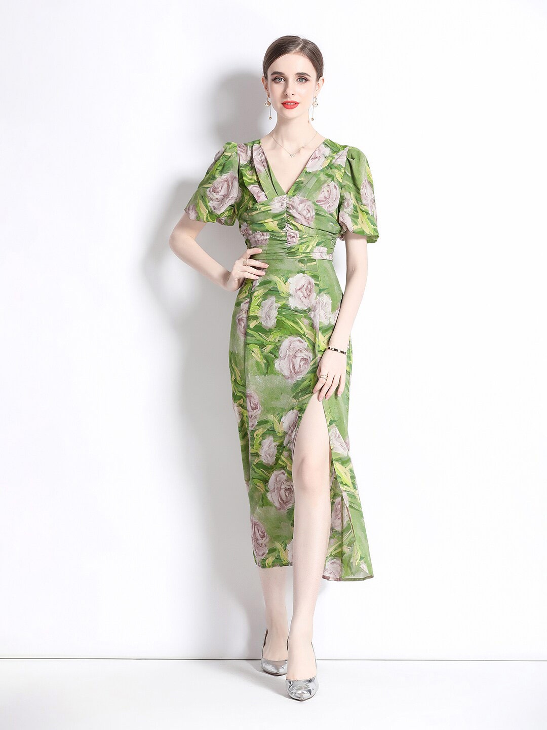 

JC Collection Tropical Printed Cut-Outs Puff Sleeves A-Line Dress, Green