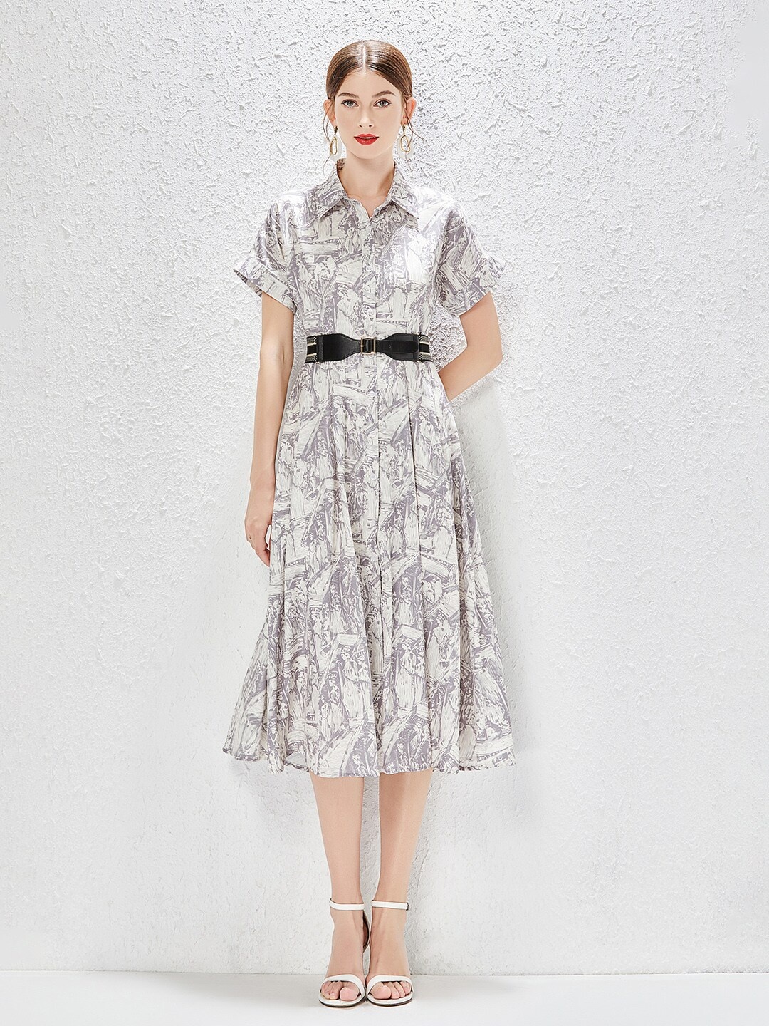 

JC Collection Abstract Printed Shirt Style Midi Dress, Off white