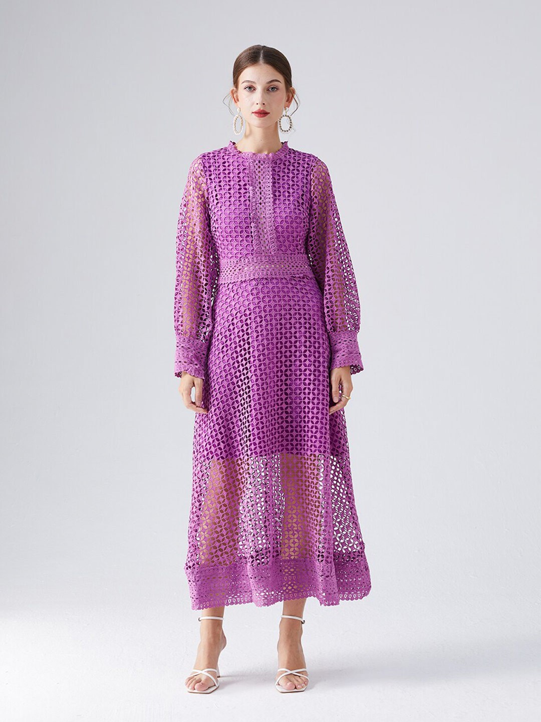 

JC Collection Self Design Puff Sleeves Fit & Flare Midi Dress, Purple