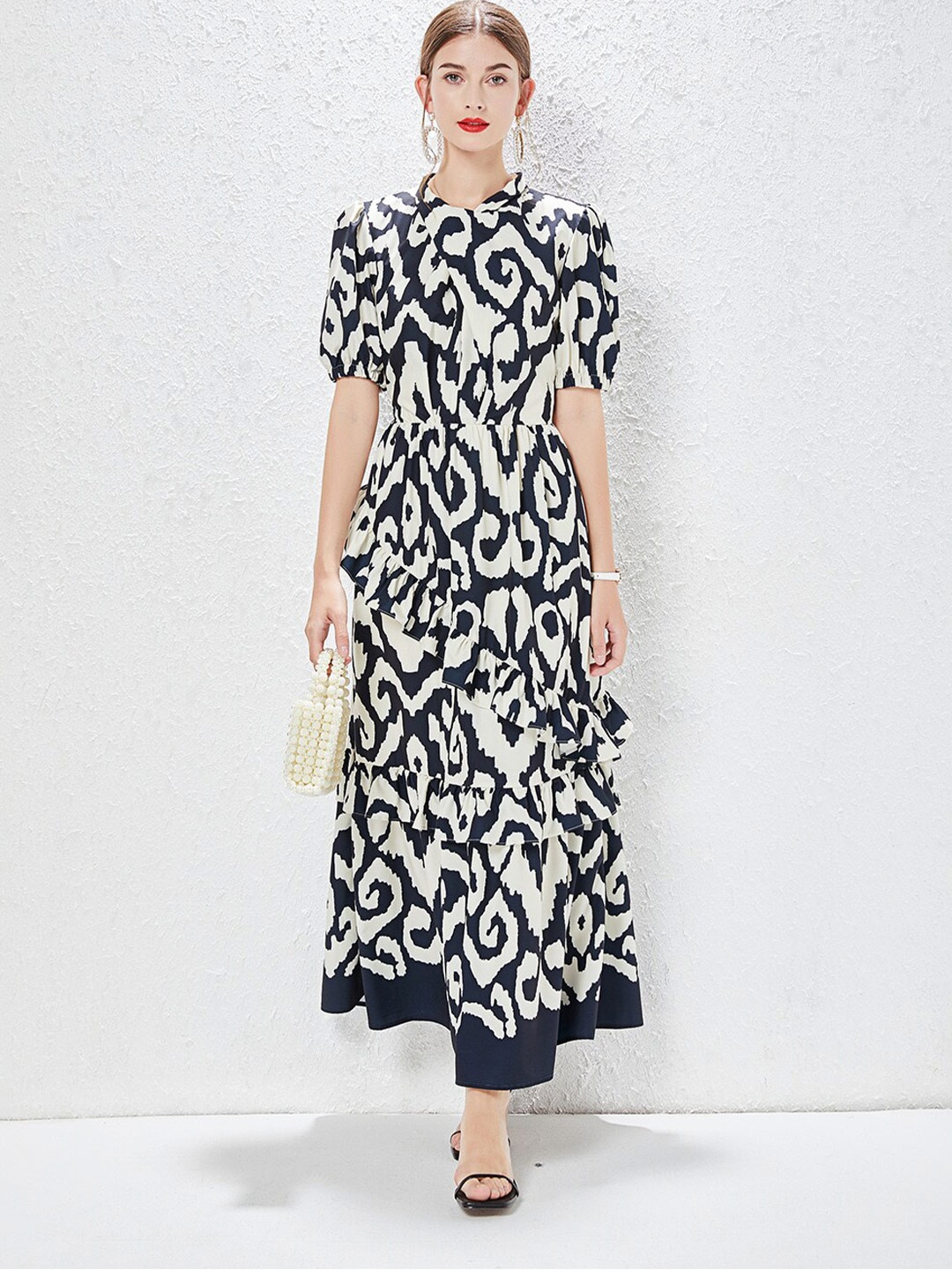 

JC Collection Abstract Printed Ruffled High Neck Puff Sleeves Maxi Dress, Black