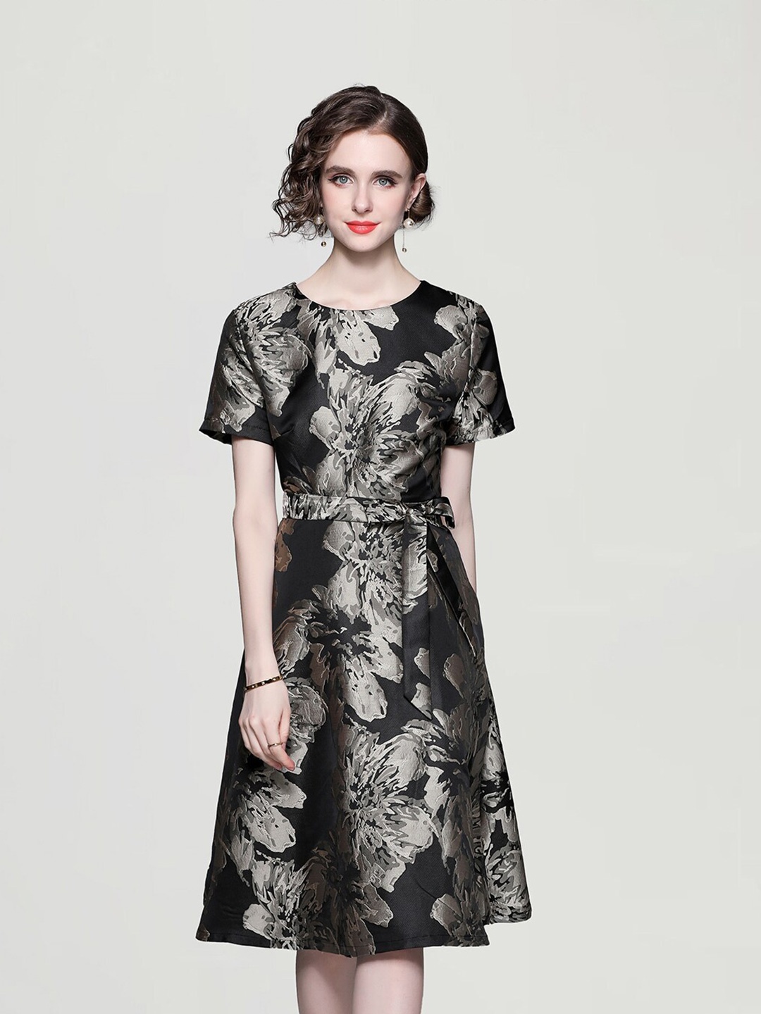 

JC Collection Floral Printed A-Line Dress, Black