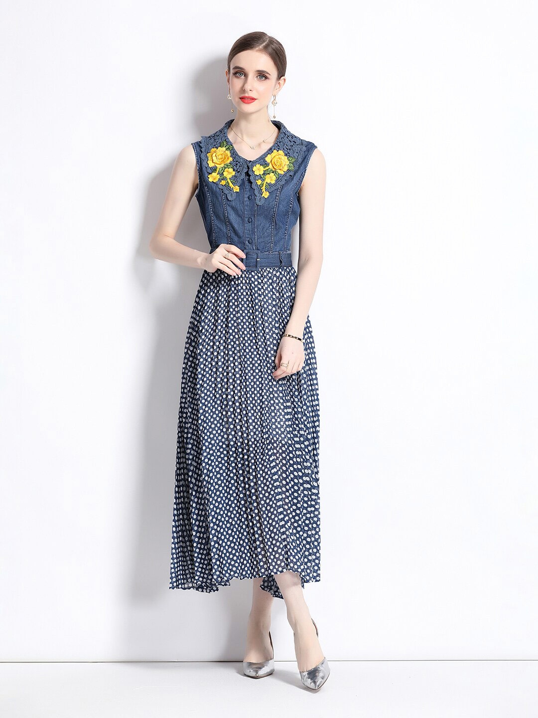 

JC Collection Polka Dots Printed Embroidered Shirt Collar A-Line Midi Dress, Blue