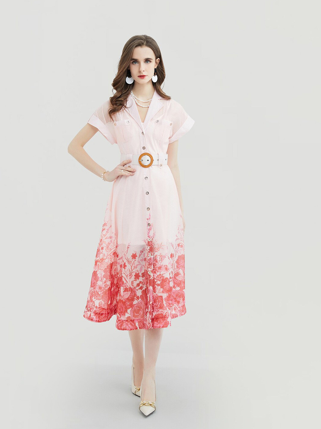 

JC Collection Floral Printed Extended Sleeves A-Line Midi Dress, White
