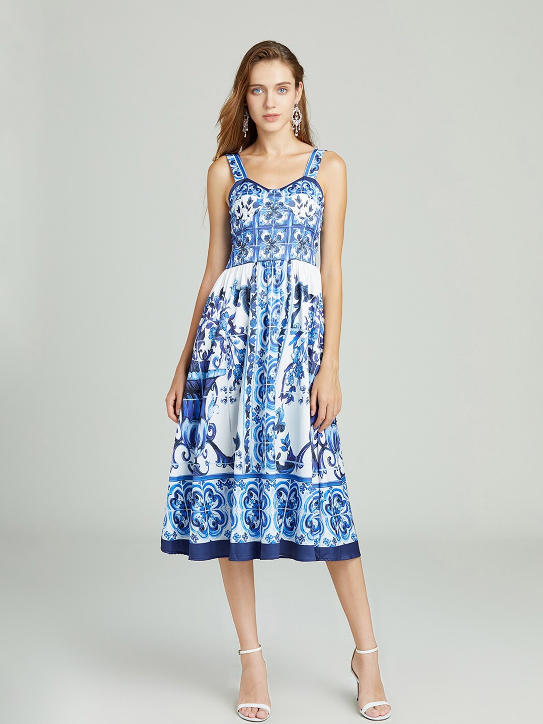 

JC Collection Ethnic Motifs Printed Shoulder Straps Fit & Flare Midi Dress, Blue