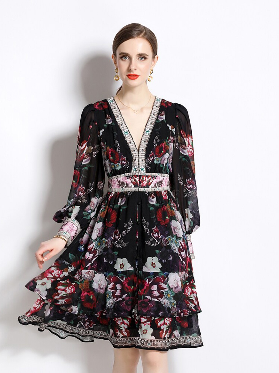 

JC Collection Floral Printed V-Neck Fit & Flare Dress, Black