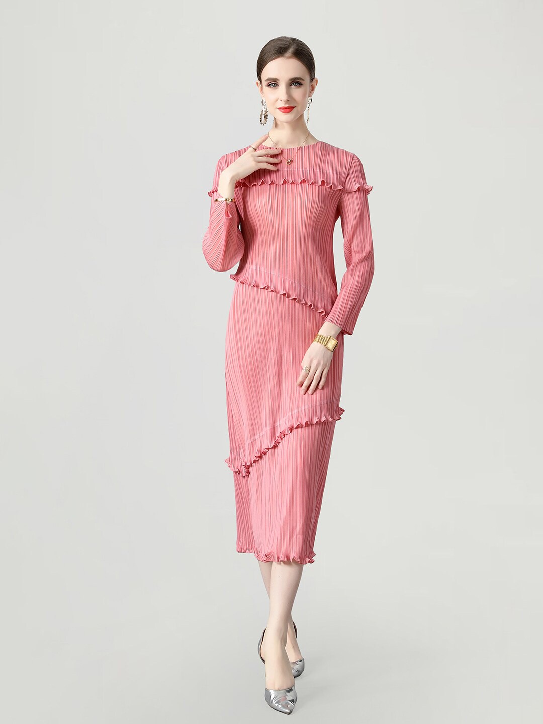 

JC Collection Striped Ruffles Sheath Midi Dress, Pink