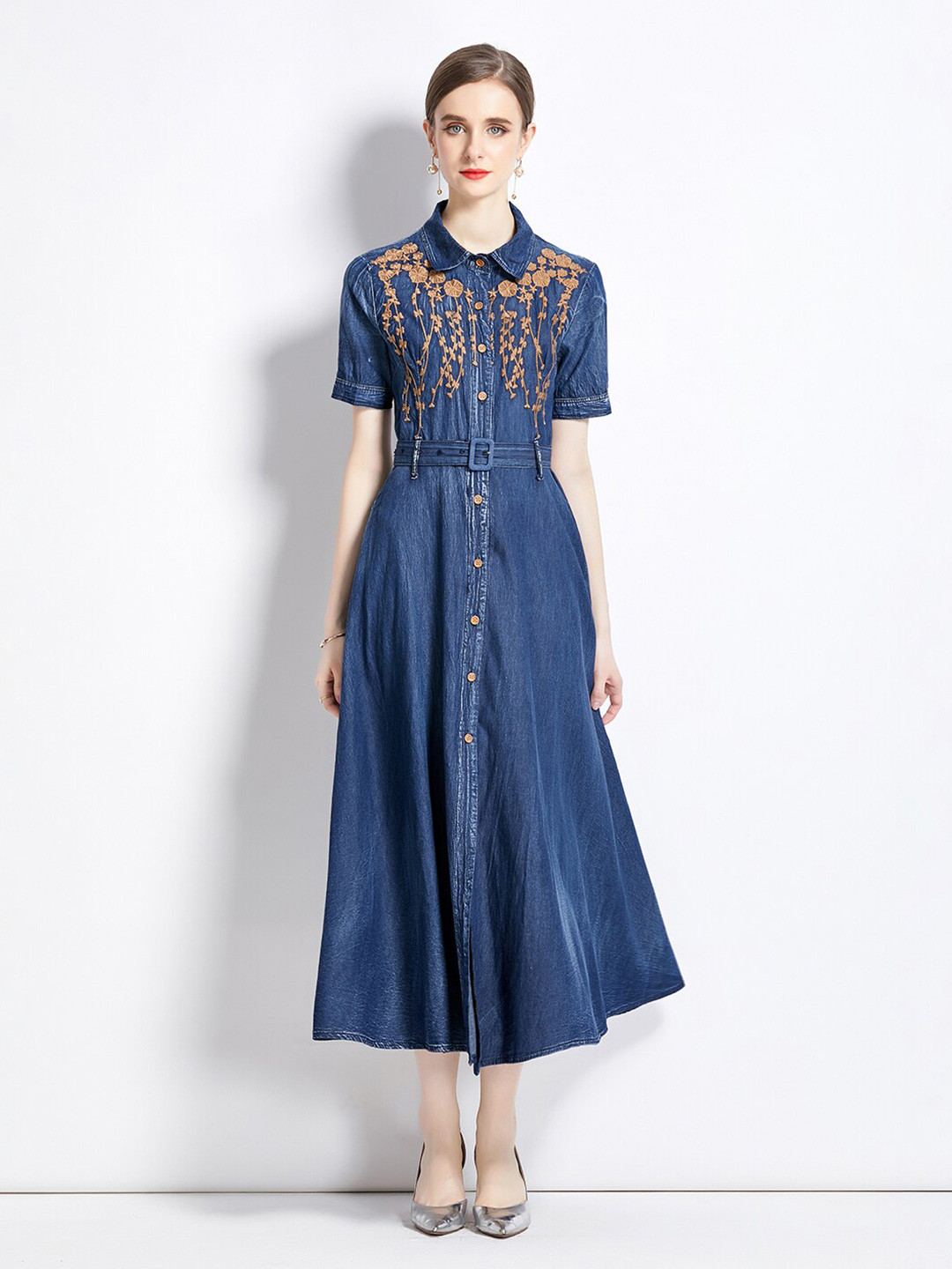 

JC Collection Floral Embellished Shirt Collar A-Line Midi Dress With Belt, Navy blue
