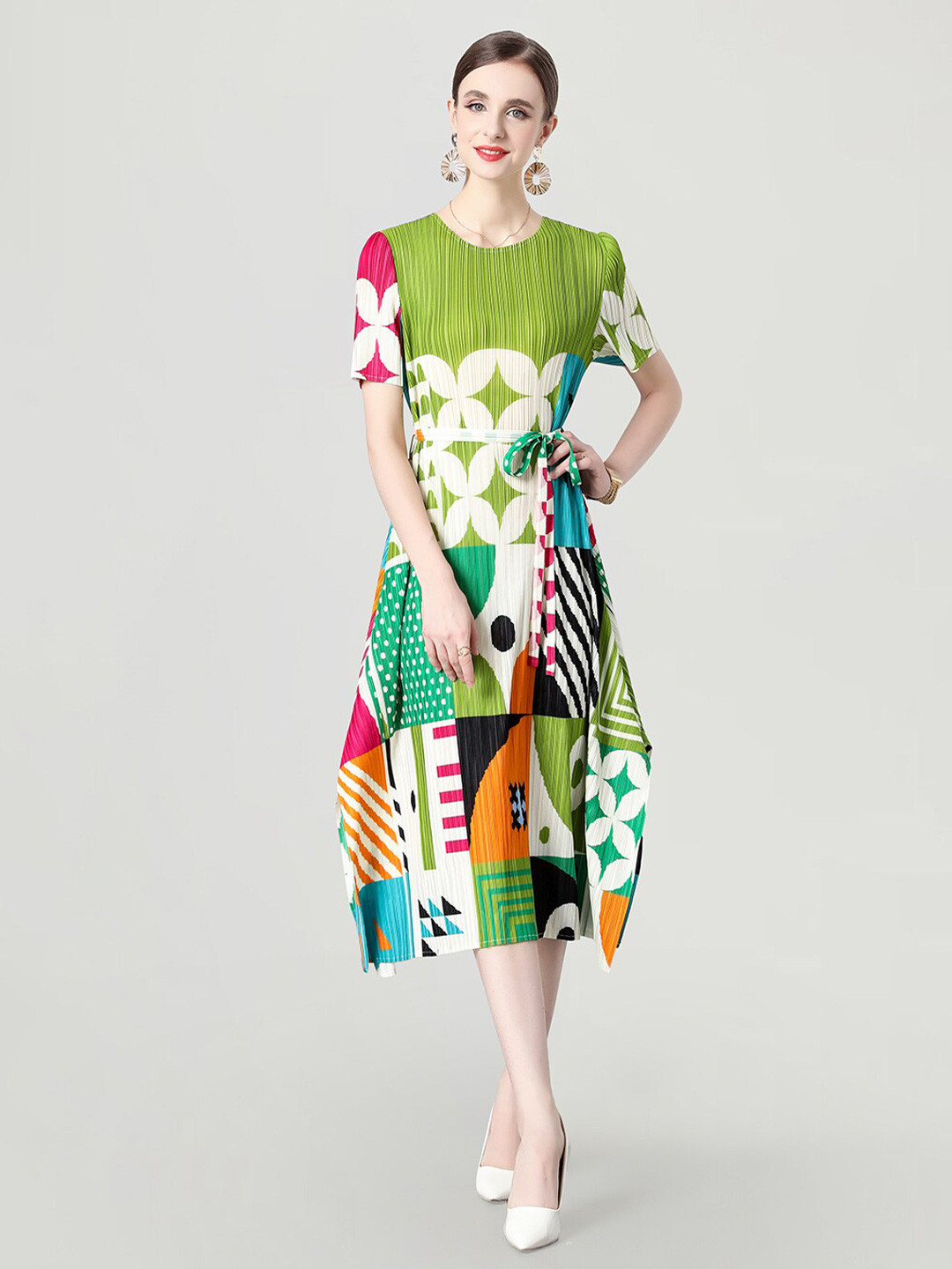 

JC Collection Floral Printed Tie-Ups A-Line Midi Dress, Green