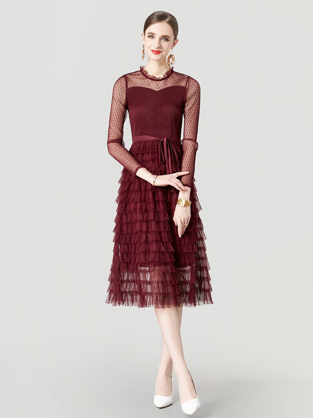 

JC Collection Layered Fit & Flare Midi Dress, Maroon