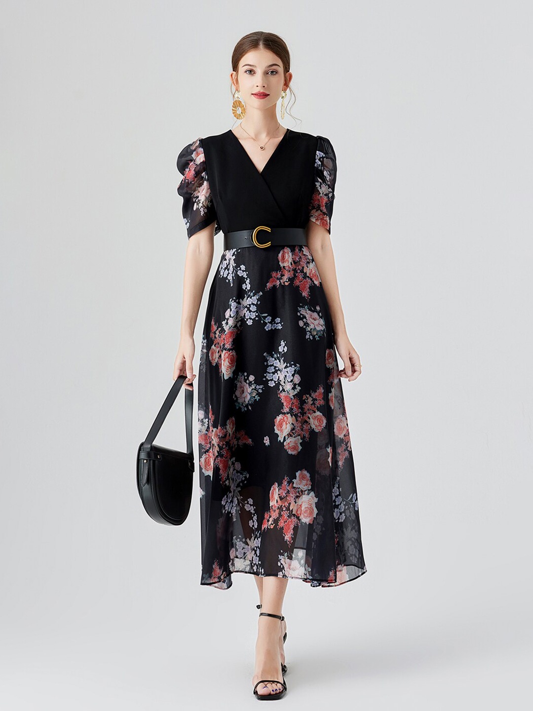 

JC Collection Floral Printed Puff Sleeve Fit & Flare Midi Dress, Black