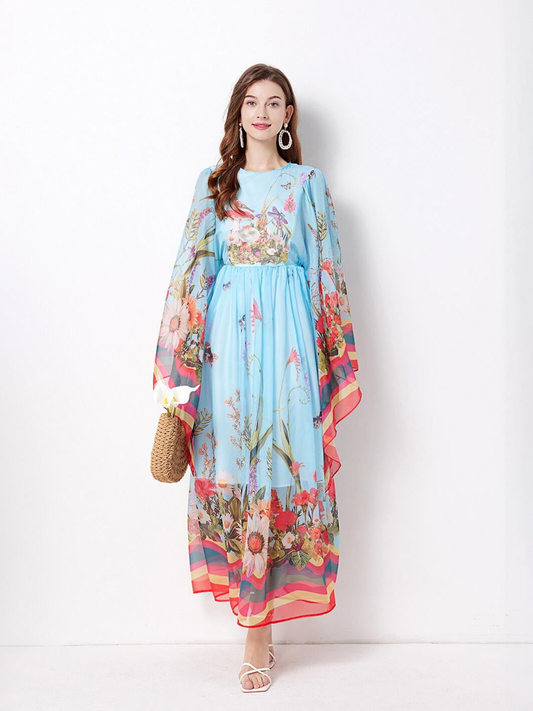 

JC Collection Floral Printed Flared Sleeves Gathered Maxi Dress, Blue