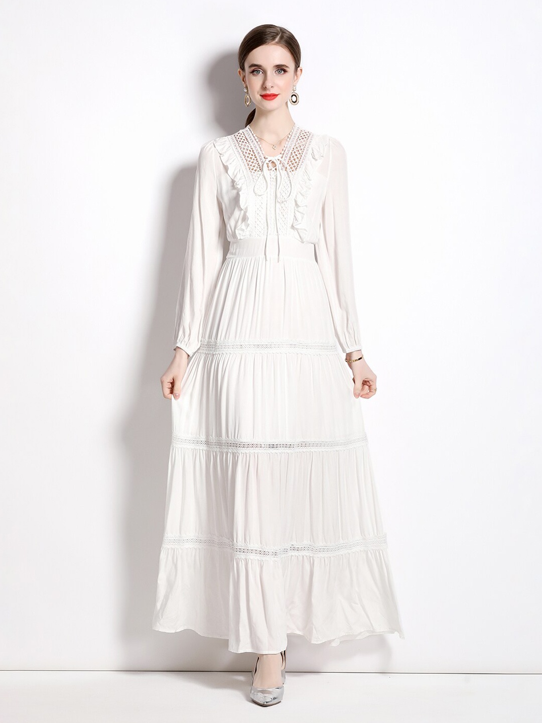 

JC Collection Self Design Tie-Up Neck Cuffed Sleeves Ruffles & Schiffli Detail Maxi Dress, White