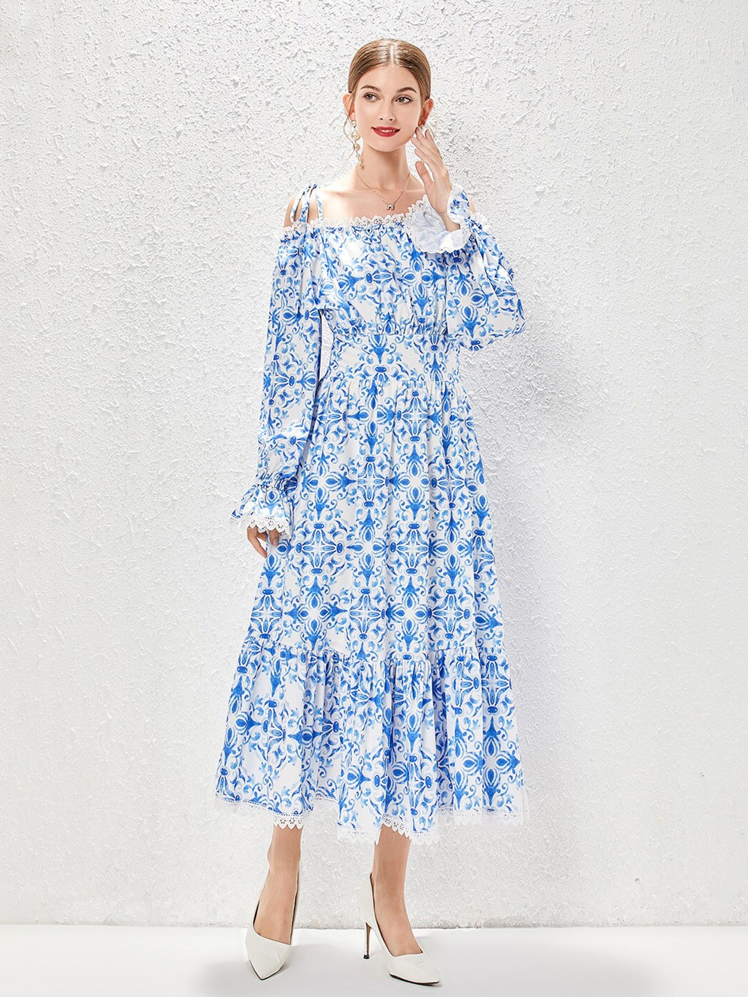 

JC Collection Floral Printed Puff Sleeves Fit & Flare Midi Dress, Blue