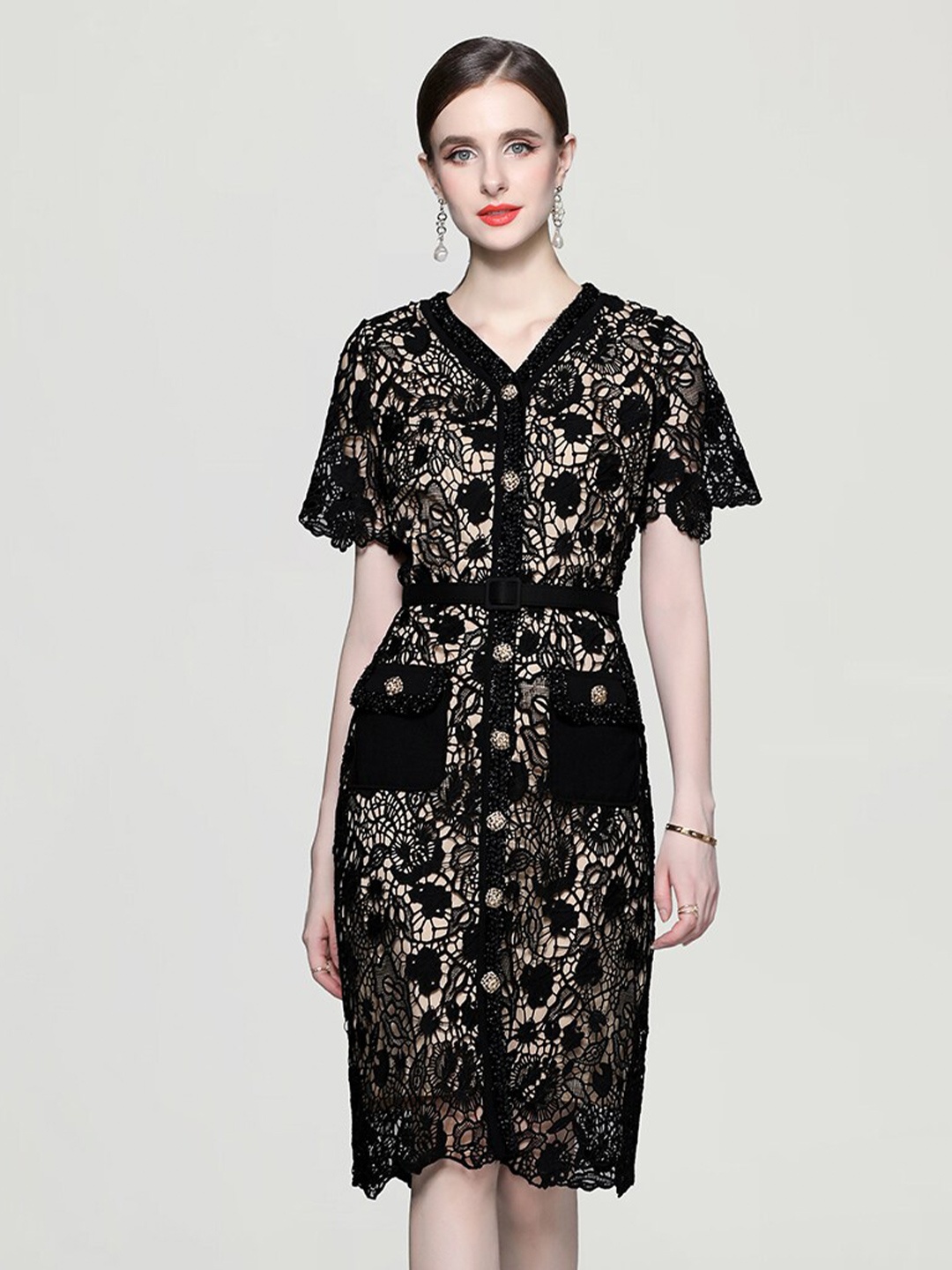 

JC Collection Floral Self Design V- Neck Lace Detail Shirt Dress, Black