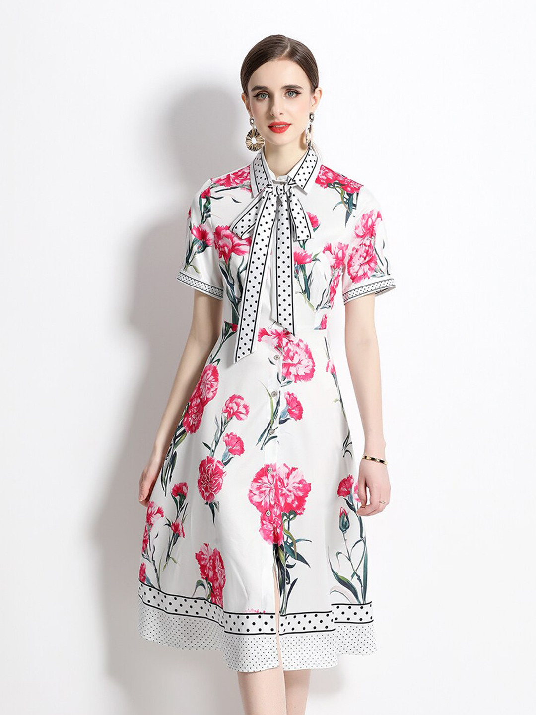 

JC Collection Floral Printed Short Sleeves Belted Shirt Midi Dress, White