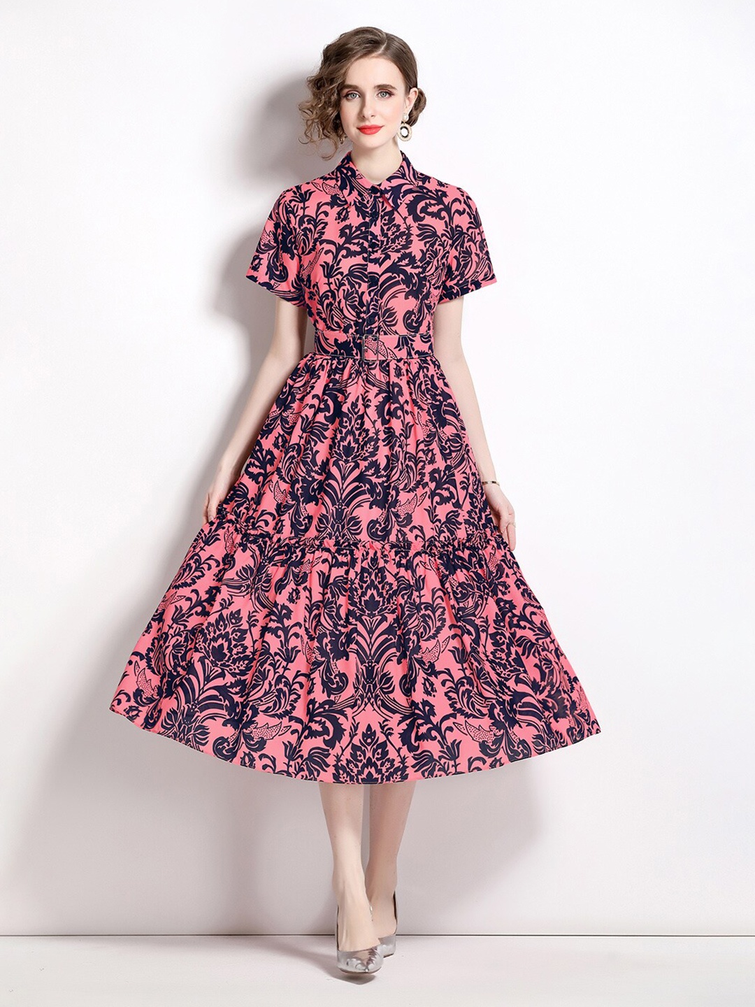 

JC Collection Floral Printed Shirt Collar Belted Fit & Flare Midi Dress, Coral