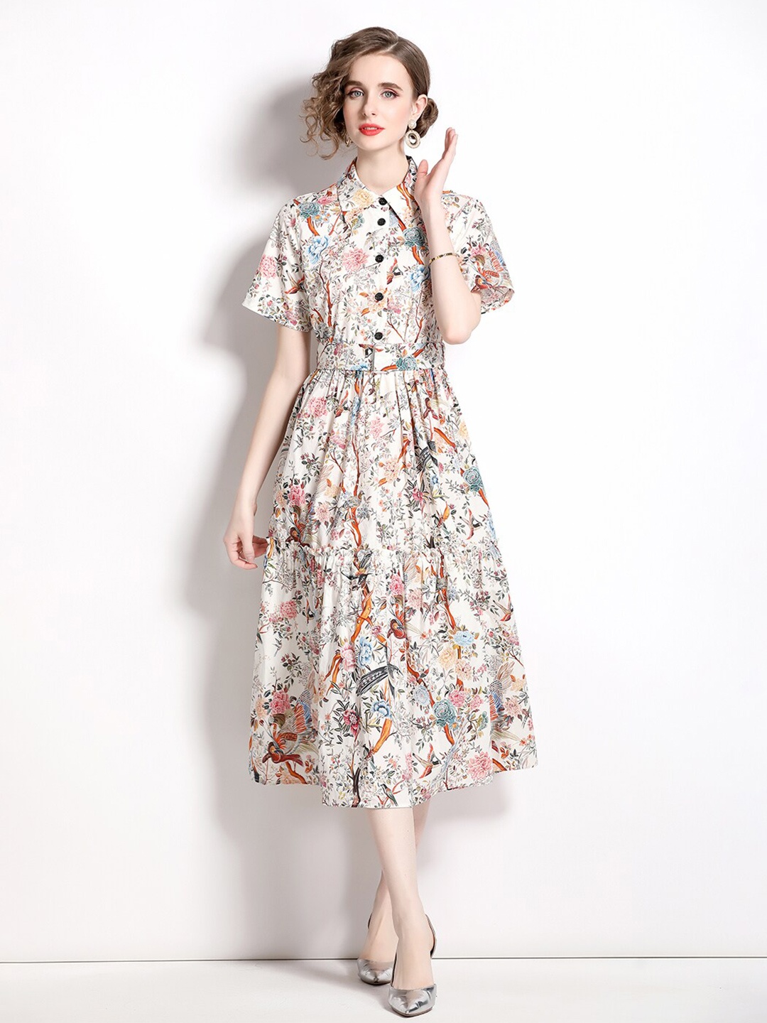 

JC Collection Floral Printed Fit & Flare Shirt Collar Midi Dress, Off white