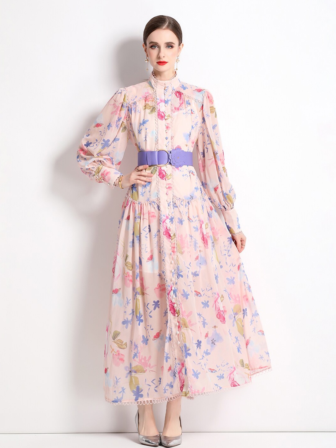

JC Collection Floral Printed Gathered Cuffed Sleeves Maxi Shirt Dress, Pink