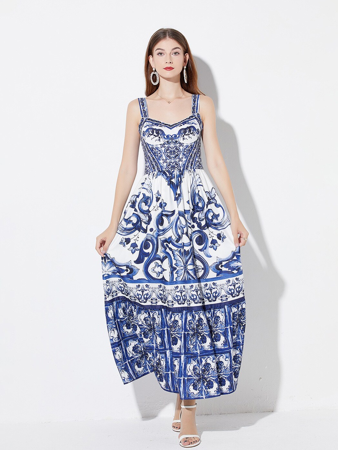 

JC Collection Ethnic Motifs Printed Shoulder Straps Maxi Dress, Blue