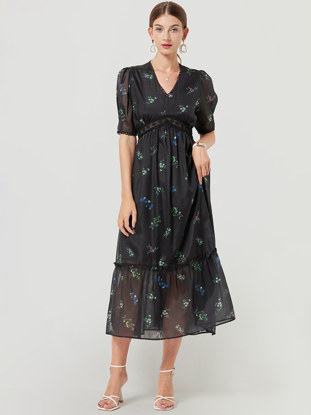 

JC Collection Floral Printed V-Neck Fit & Flare Midi Dress, Black