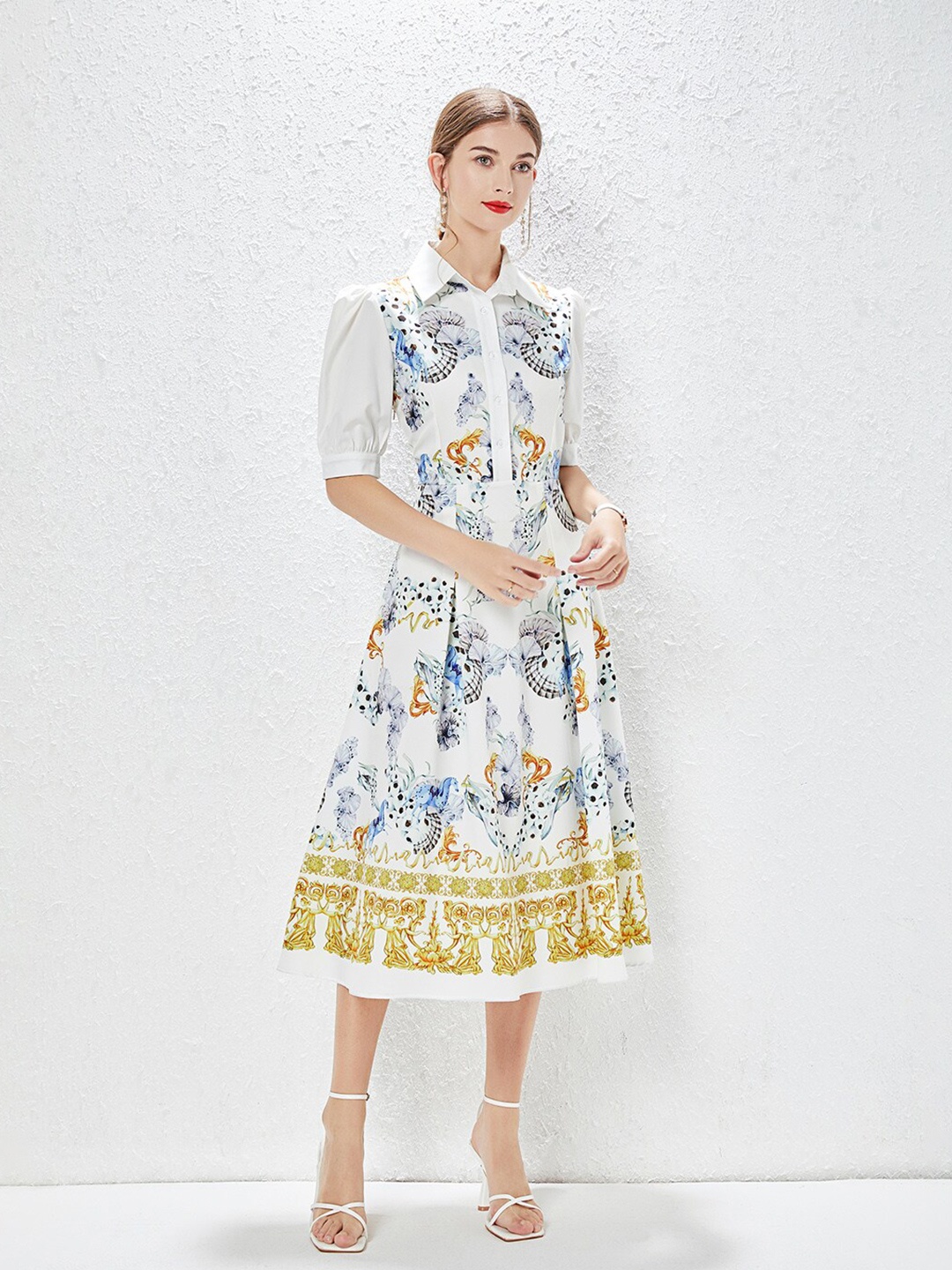 

JC Collection Floral Printed Shirt Collar Fit & Flare Midi Dress, White