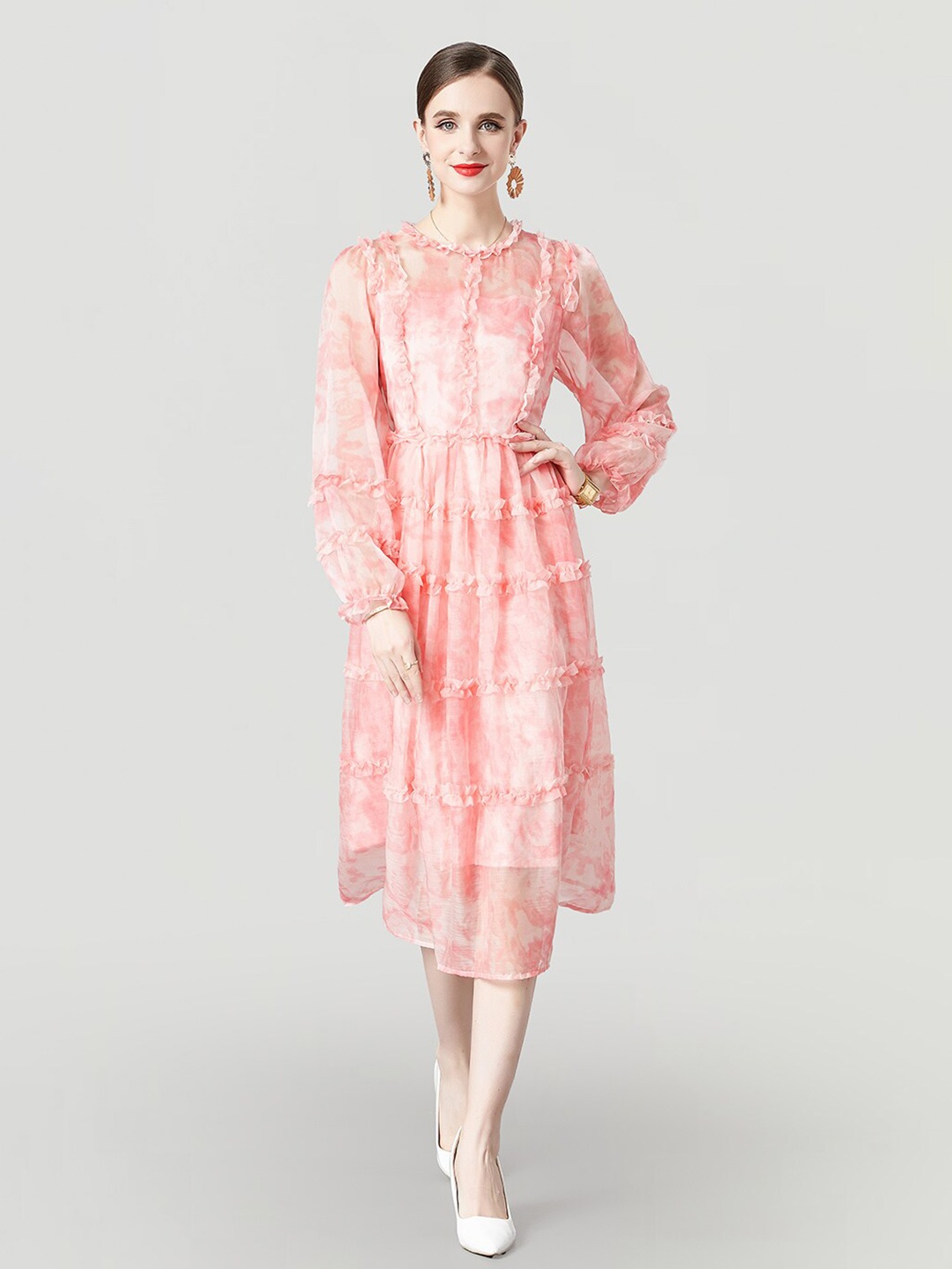 

JC Collection Abstract Printed Puff Sleeves Fit & Flare Midi Dress, Pink