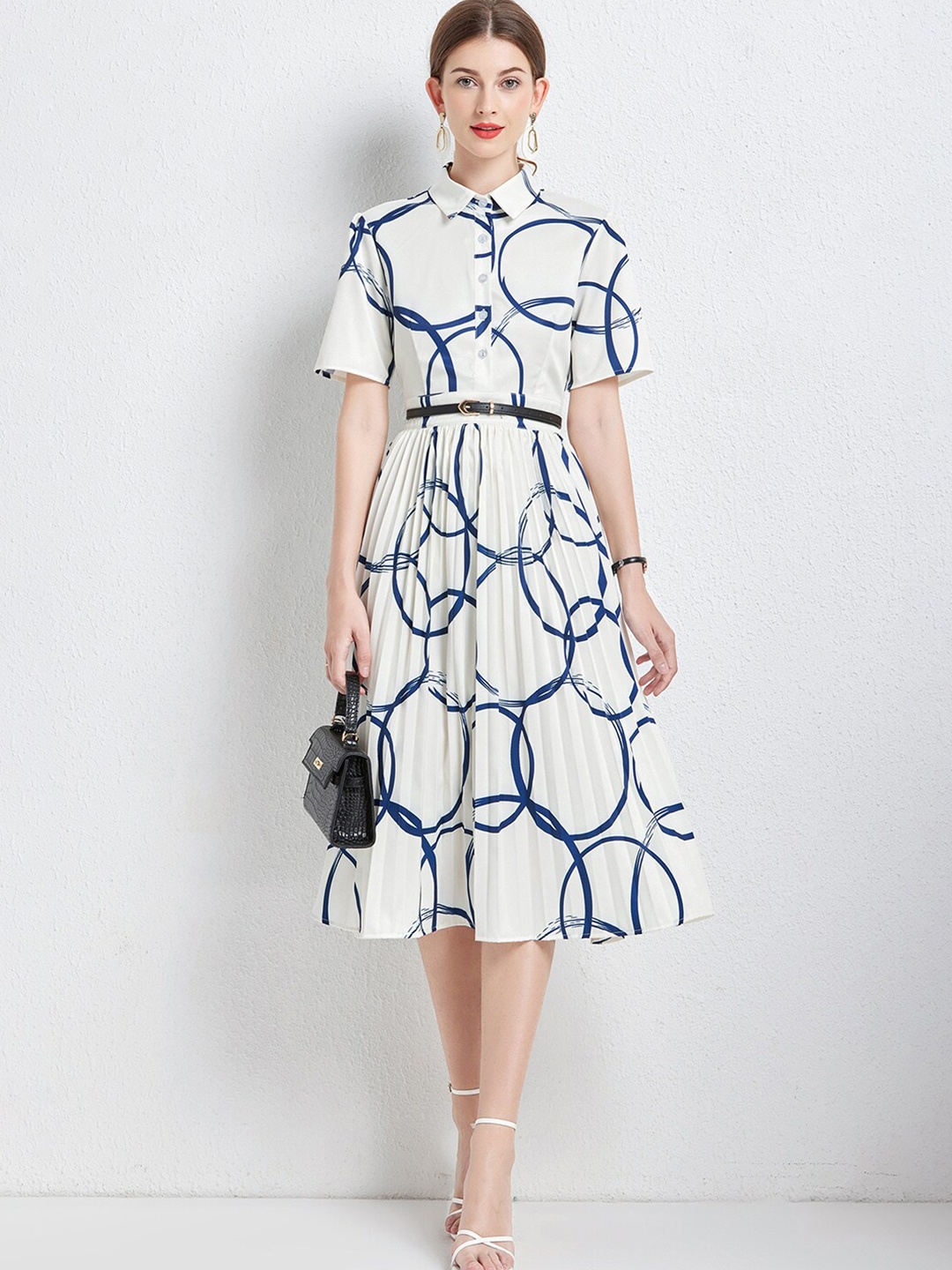 

JC Collection Floral Printed Short Sleeves Belted Shirt Midi Dress, White