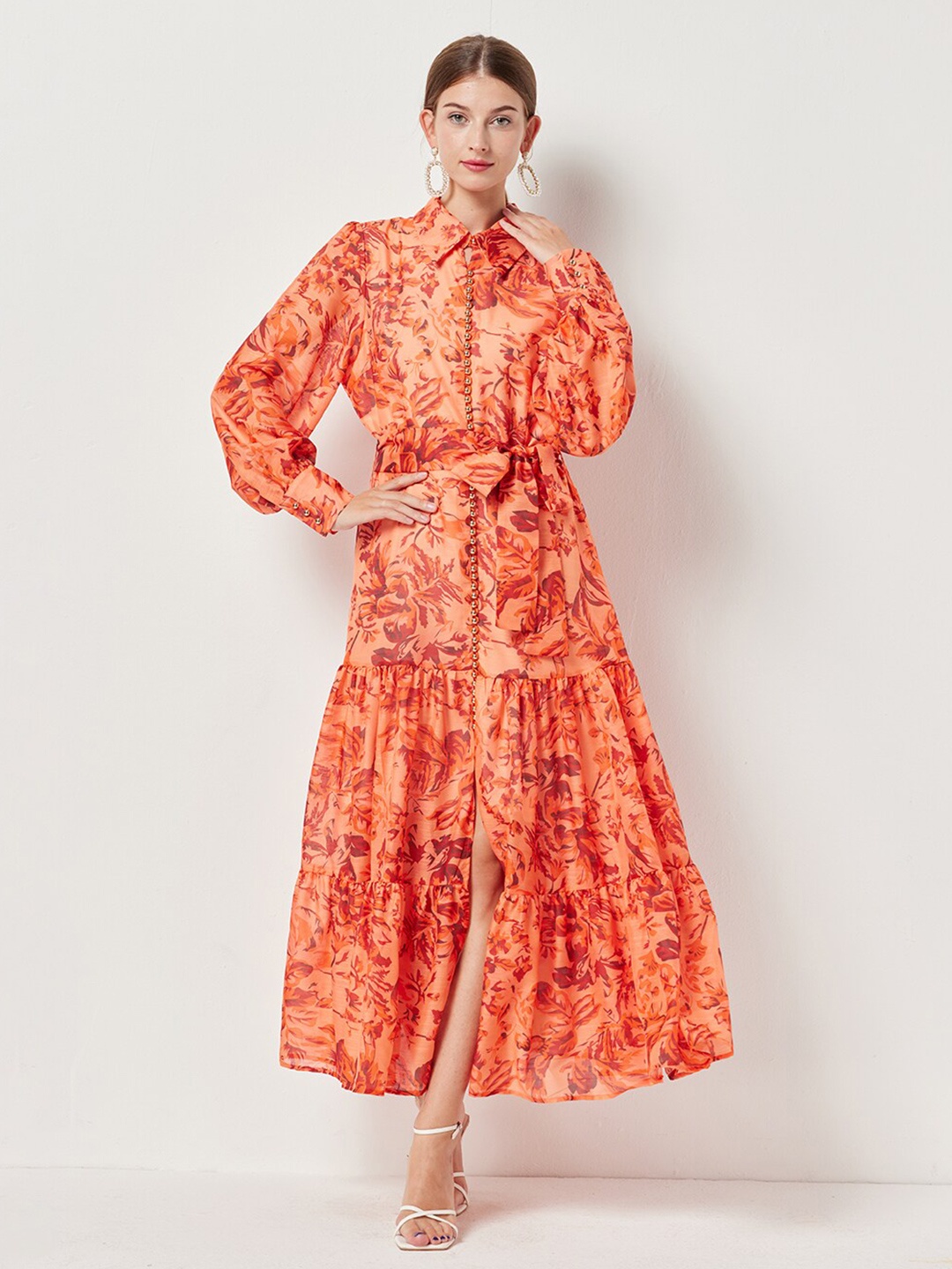 

JC Collection Floral Printed Shirt Collar Cuffed Sleeves Maxi Midi Dress, Orange