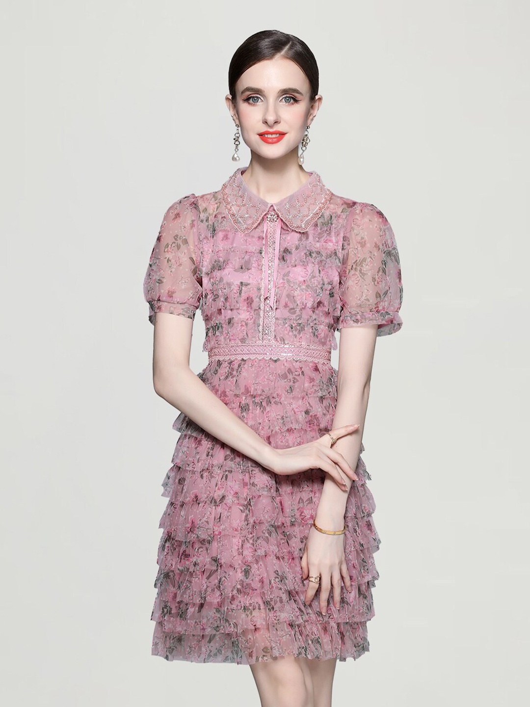 

JC Collection Floral Printed Shirt Collar Layered Fit & Flare Dress, Rose