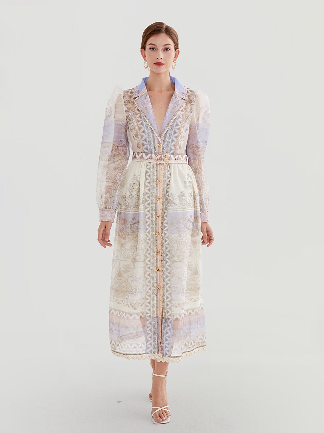 

JC Collection Ethnic Motifs Printed Lapel Collar Long Sleeve Belted Shirt Maxi Dress, Beige