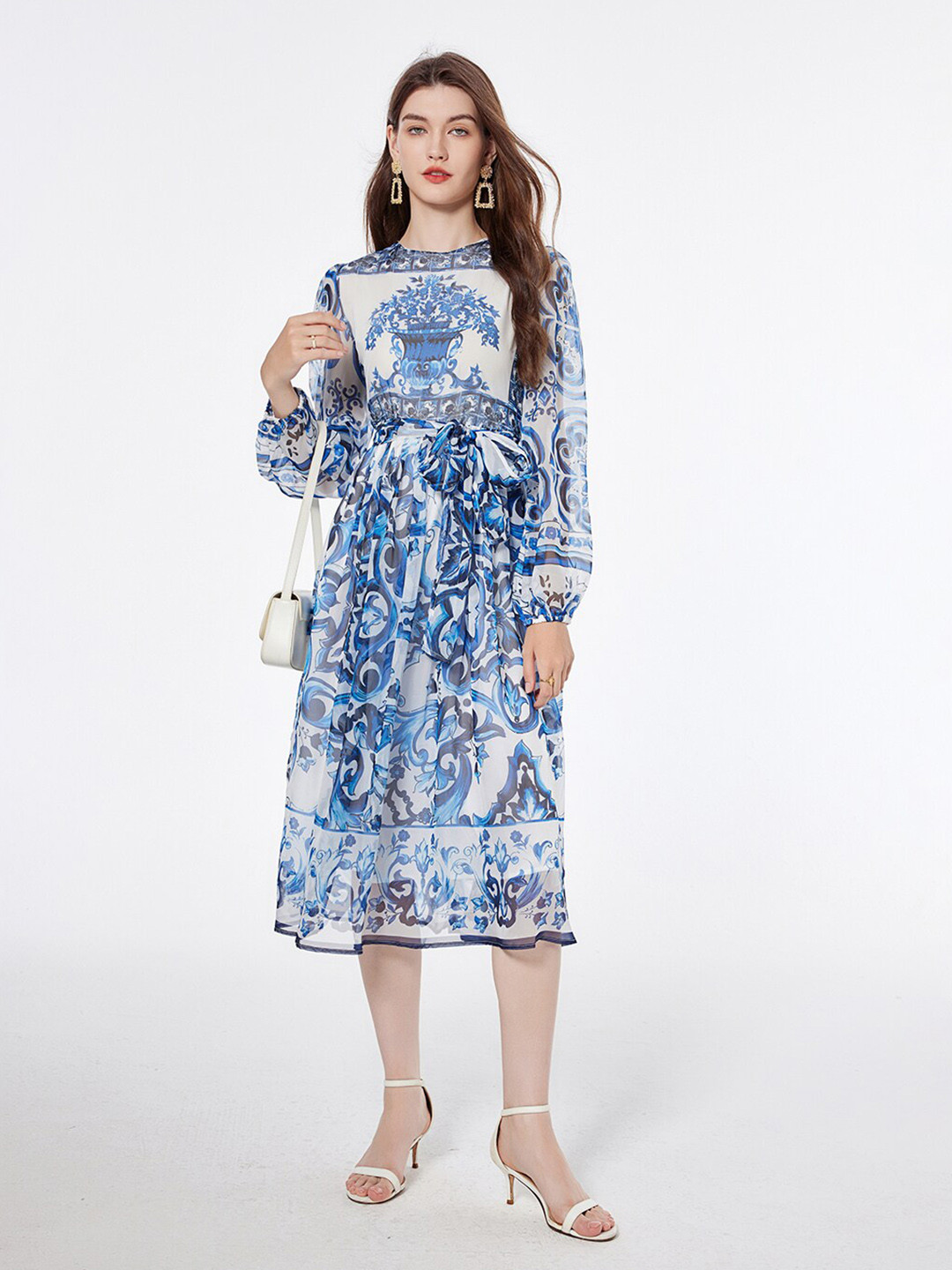 

JC Collection Floral Printed Puff Sleeve Fit & Flare Midi Dress, White