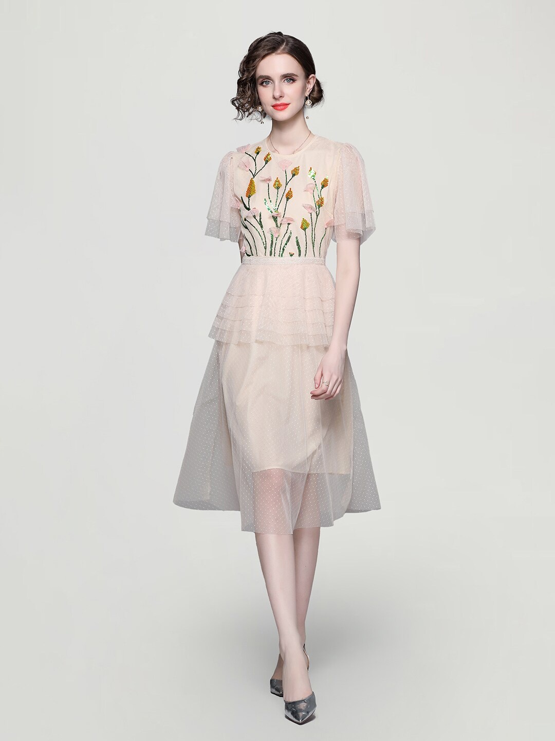 

JC Collection Floral Embellished Layered Fit & Flare Midi Dress, Beige