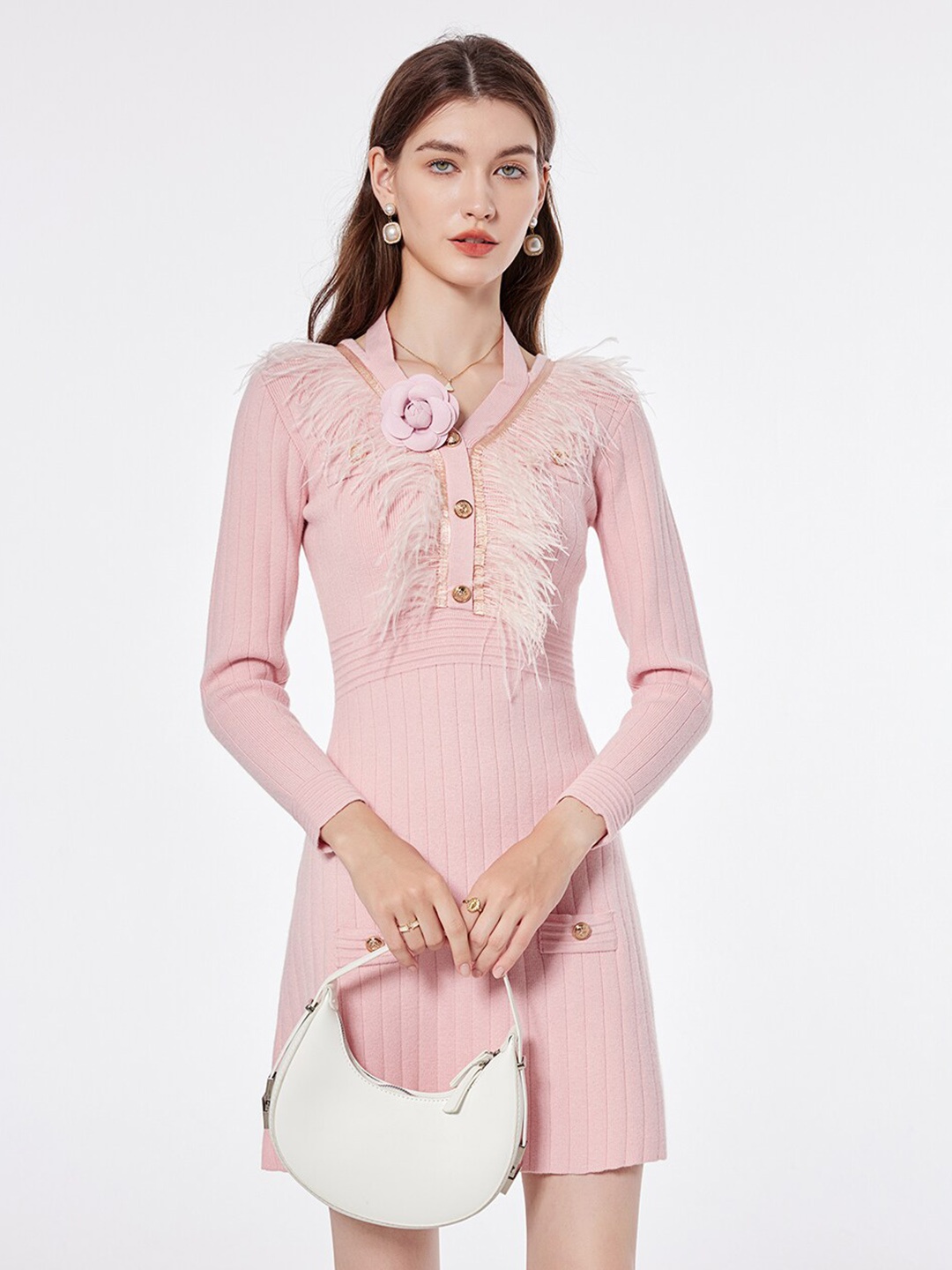 

JC Collection Striped Tie-Up Neck A-Line Dress, Pink