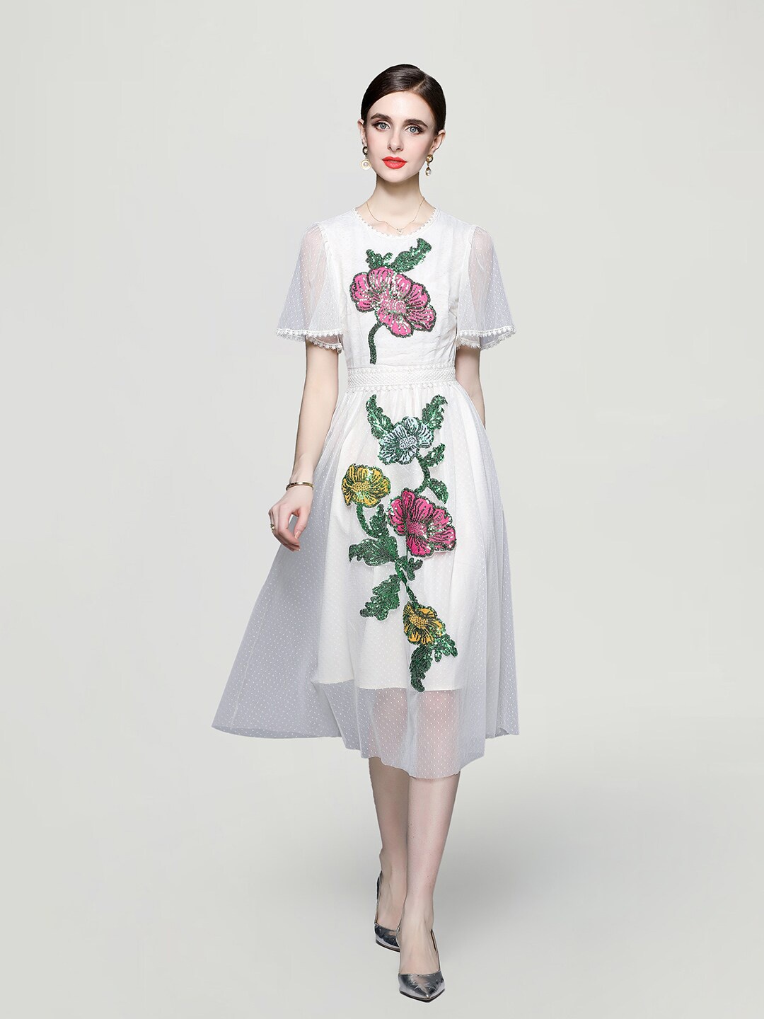 

JC Collection Floral Printed Round Neck Flared Sleeves Gathered A-Line Midi Dress, Beige