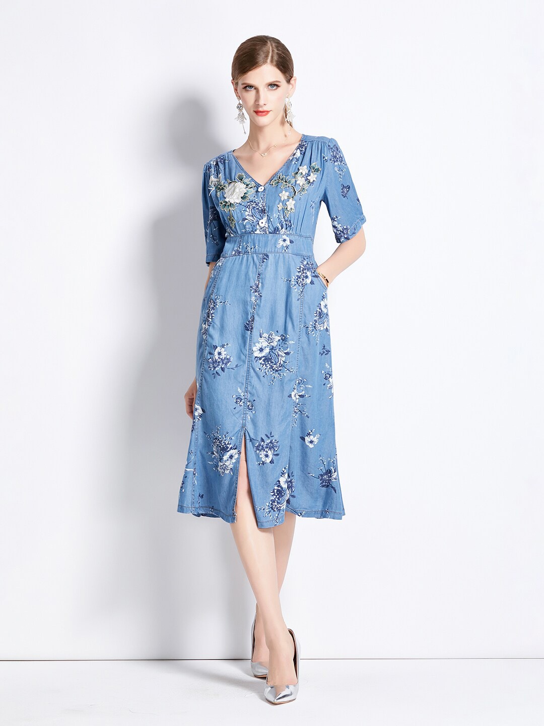 

JC Collection Floral Printed Fit & Flare Dress, Blue