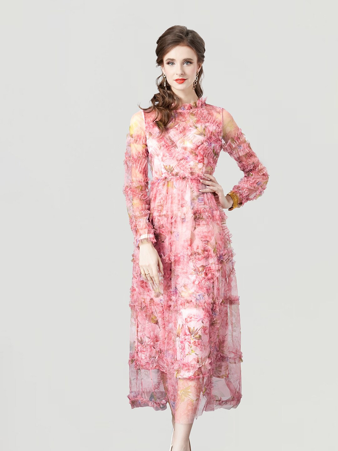 

JC Collection Floral Printed Cold-Shoulder Ruffled Fit & Flare Midi Dress, Pink