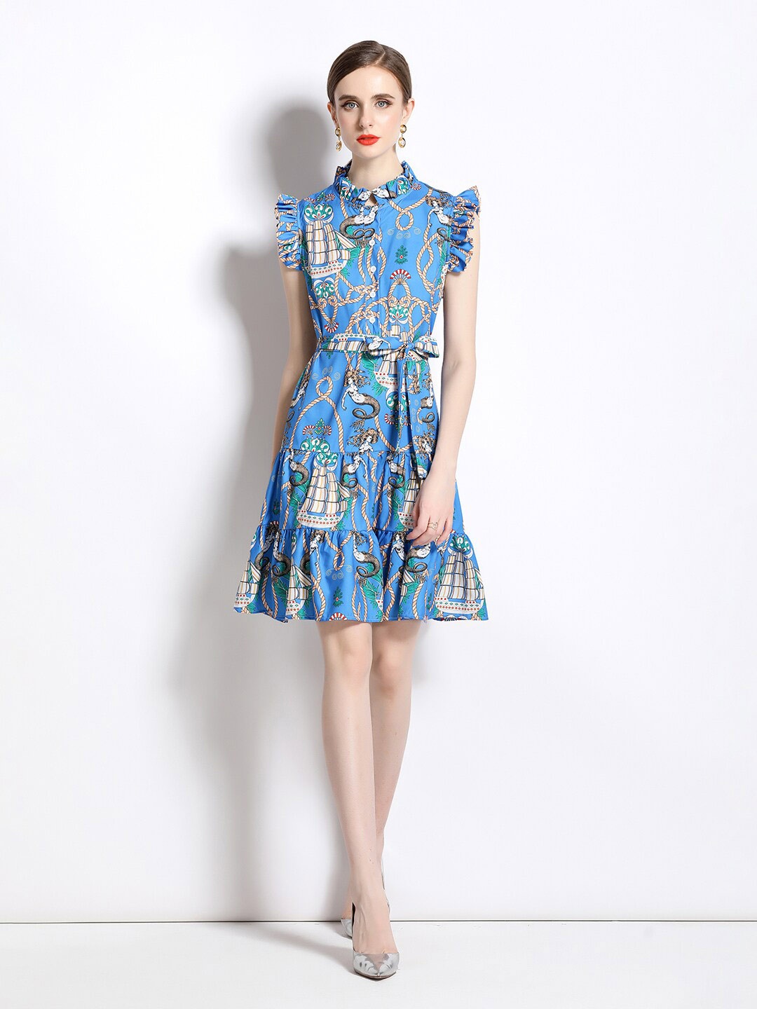 

JC Collection Graphic Printed Mock Neck Sleeveless Ruffled Fit & Flare Dress, Blue