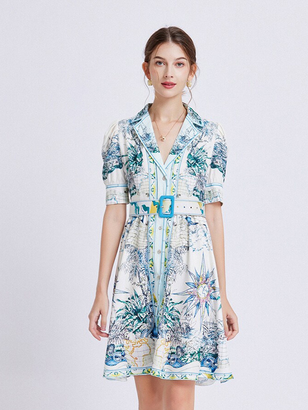 

JC Collection Floral Printed Puff Sleeves A-Line Dress, Blue